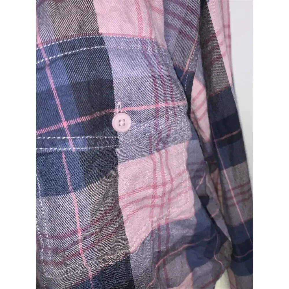 American Eagle Outfitters Cropped Flannel Shirt Sz Small Pink Blues - Picture 4 of 12